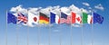 45th G7 summit , August 24Ã¢â¬â26, 2019 in Biarritz, Nouvelle-Aquitaine, France. 7 flags of countries of Group of Seven - Canada,